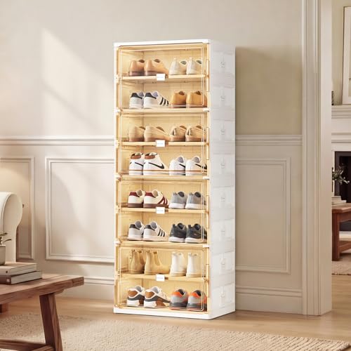 JEKO&JEKO 8 Tiers Foldable Shoe Rack Organizer Cabinet for Closet Entryway, Large Collapsible Shoe Storage Box with Magnetic Doors (White) - color: Single-row, size: 8 Tiers (Standard Tiers Only)