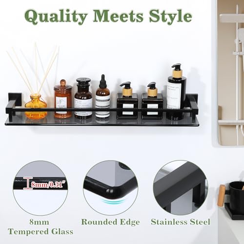 Alise Glass Bathroom Shelves Wall Mounted, 24 Inch Matte Black Tempered Floating Shelves Bathroom, Stainless Steel Bathroom Glass Shelf - color: Matte Black, size: 24 Inch