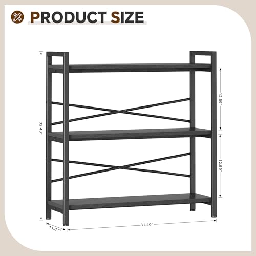Book Shelf, 3 Tier Bookshelf 31.49" Width, Book Shelf Storage and Organization, Wooden and Metal Industrial Bookcase, Large Book Shelves for Home Living Room Bedroom Office Storage(Black) - color: Black, size: 3 Tier - 31.5" W