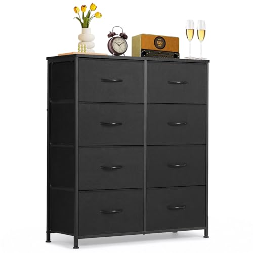 8-Drawer Dresser for Bedroom, Anti-Tip Tall Storage Organizer Chest of Drawers with Wooden Top and Metal Frame Fabric Bins for Closet, Living Room, Hallway, Entryway, Black - color: Black, size: 11.8"D x 31.4"W x 36.3"H (8 Drawers)