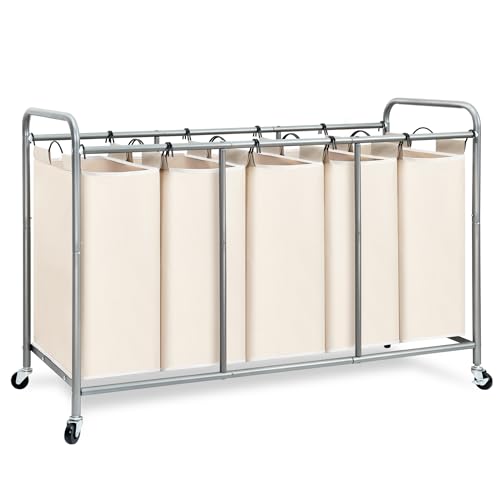 STORAGE MANIAC 5 Section Laundry Sorter, 5 Bins Rolling Separator Laundry Basket, Dirty Clothes Hamper Divider with Heavy Duty Rolling Lockable Wheels, Large Clothes Organizer Cart, Beige - color: Beige, size: 5 Section