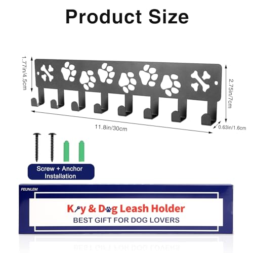Key Holder Wall Mount & Dog Leash Holder for Wall, Metal Key Rack with 8 Hooks for Entryway/Hallway/Kitchen Decor, Dog Paws Design Wall Organizer 11.8×2.6 Inch with Screw Anchors (Black-Paws)