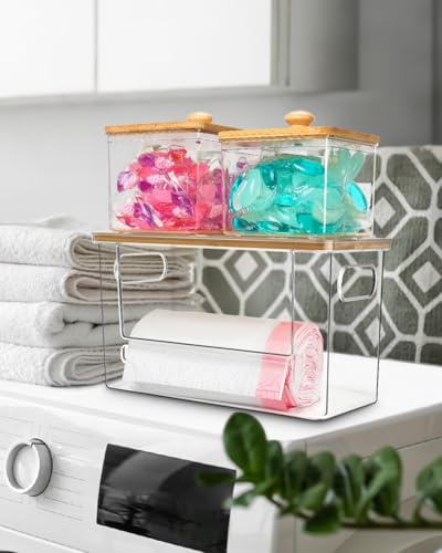Trash Bag Dispenser 2 Pack, Stackable Acrylic Garbage Bags Dispenser with Bamboo Lid, Extra Large Clear Under Sink Organizer for 13/30/33 Gallon Bags, Kitchen, Cabinet, Laundry Room Storage - size: XL- 2 PACK