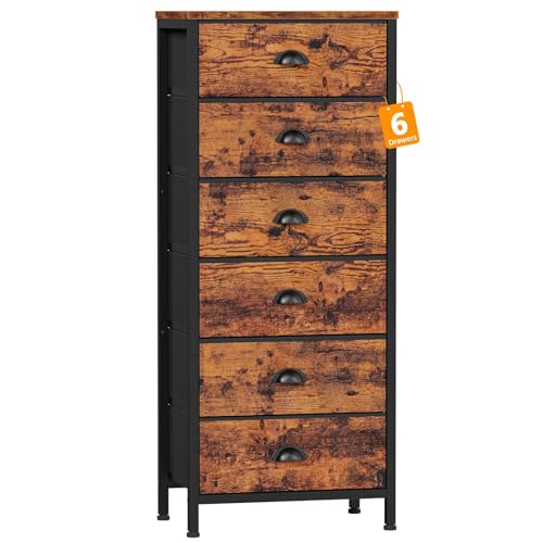 Furnulem Tall Dresser with 6 Drawers,Vertical End Table and Nightstand for Bedroom,Industrial Dorm Bedside Furniture with Fabric Storage Drawer Organizer in Living Room,Closet,Entryway(Rustic Brown) - color: Rustic Brown, size: 11.5"D x 16"W x 39.6"H (6 D