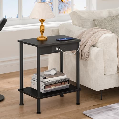 YUFAM End Table with Charging Station,Small Side Table,2-Tier Nightstand with Storage Shelf,Sofa Bedside Table for Small Spaces in Living Room,Bedroom,Office,Easy Assembly,Black - color: Black, style: 2pcs With Plug