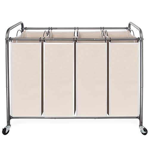 STO STO Laundry Sorter 4 Section, 4 Bag Clothes Hamper, Rolling Laundry Cart Basket with Heavy Duty Lockable Wheels and Removable Bag for Laundry Room, Bedroom, Closet, Beige - color: Beige, size: 4-Section