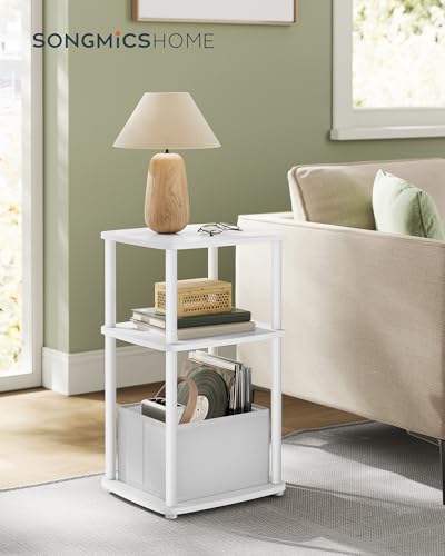 SONGMICS Home Side Table, 3-Tier Nightstand with Storage, End Table with Fabric Basket, for Bedroom, Living Room, Steel Frame, Superfast Toolless Assembly, Modern, Snow White ULET286W01 - color: Snow White, size: 1 pack