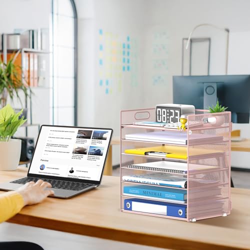 7 Tier Paper Organizer - Mesh Desktop File Holder with Handles for Office School Desk, Black (Pink) - color: Pink