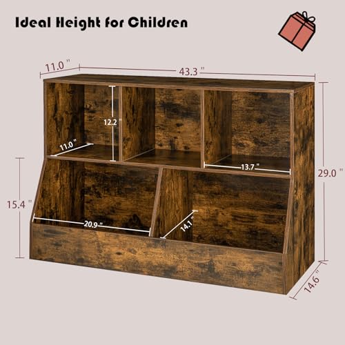 DINZI LVJ Toy Storage Organizer, Kids Bookshelf, Wood Toy Storage Cabinet, 5 Cubby Children Bookcase, 43.3" L Toddler Book Shelf for Playroom, Living Room, Nursery, Hallway, School, Rustic Brown - color: Rustic Brown, size: 2-Tier 43.3"