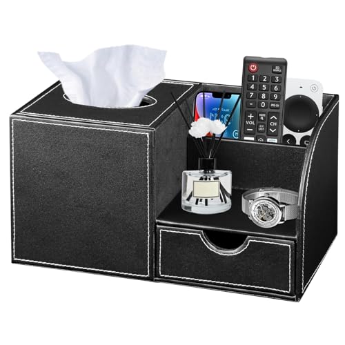 Nightstand Organizer with Tissue Holder,PU Leather Square Tissue Box Cover,Modern Facial Paper Organizer Storage Box for Remote Control,Bathroom,Vanity Countertop,End Table Home Office.Black - color: Black