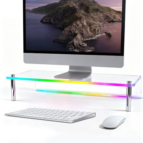 Acrylic Monitor Stand with WRGB Lights, Music Sync Clear Desk Riser with App & Button Control, Off Desktop Shelf for Gaming Setup and Home Office, Computer, Laptop, Printer, 23.6 Inch