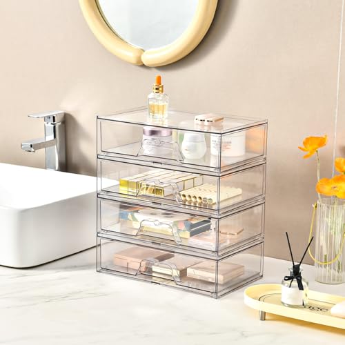 3 Pack Stackable Makeup Organizer, 12.1''L Acrylic Bathroom Organizer and Storage Undersink Drawer, Cosmetics and Beauty Supplies,Clear Plastic Storage Bins for Vanity,Pantry,Desk,Cabinet,Kitchen - style: 3pack Wide