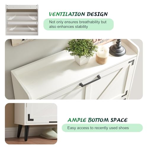 Barnyatoh Shoe Storage Cabinet with 2 Flip Drawers, Farmhouse Hidden Shoe Organizer, Narrow Slim Shoe Rack Cabinet for Entryway Hallway,Antique White - color: Antique White