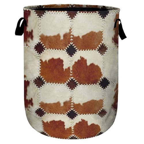 Vintage Brown Cowskin Laundry Basket, Laundry Hamper Collapsible Oxford Cloth with Handle Clothes Toy Storage Bin for Bathroom Laundry Room Bedroom 15.7 X 20 Inch - color: Vintage Brown Cowskin