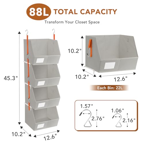 4 Pcs Modular Closet Organizer - Detachable & Foldable Hanging Storage Cubes, 88L Total Capacity, Heavy Duty Fabric Shelves for Wardrobe, Closet Organization, RV, Dorm, Grey - color: Grey