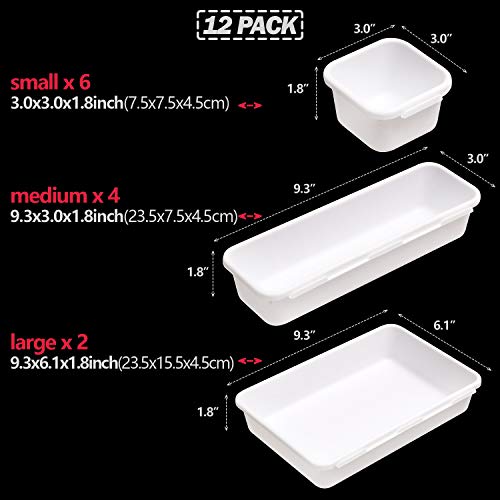 Set of 12 Interlocking Desk Drawer Organizer Tray Dividers Plastic Shallow Narrow Drawers Organizers Separators Storage Bins Container for Kitchen Bathroom Makeup Office Vanity Bedroom Dresser White - color: White