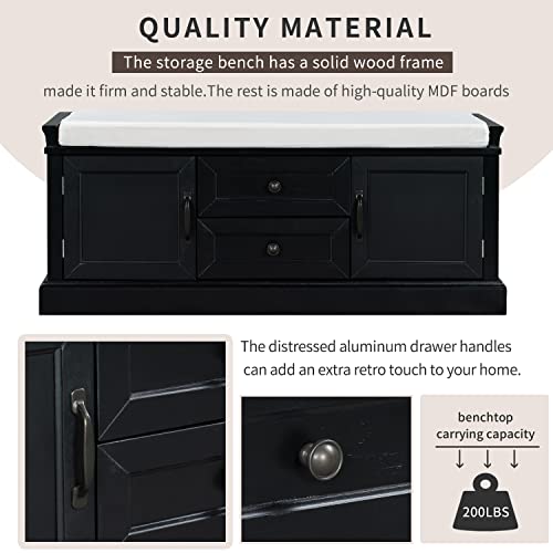 P PURLOVE Rustic Wood Storage Bench With 2 Cabinets and 2 Drawers, Removable Cushion for Bedroom, Hallway, Entryway - Assembly Required - color: Black, size: with 2 Drawers and 2 Cabinets