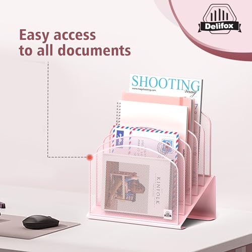Delifox Inclined Desk File Organizer,Vertical File Folder Holder Stand Metal Rack File Sorter for Office Classroom Desktop Organization - color: Pink, size: 1Pack