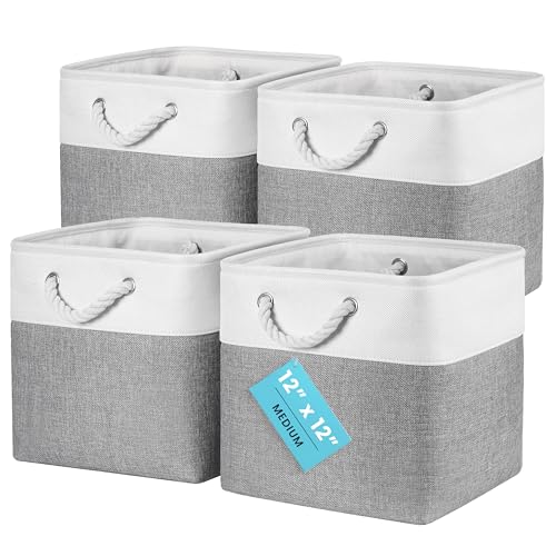OrganiHaus 12x12 Cube Storage Bins 4 Pack, Foldable Cube Storage Organizer w/ Rope Handles, Collapsible Fabric Bins for Toys, Clothes & Closet Organization, Fabric Square Baskets - Gray/White - color: Gray Base / Off-White, size: 4 pcs (12x12)