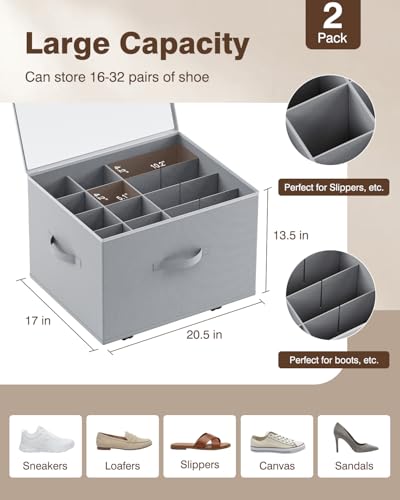 HOUSE AGAIN Shoe Organizer for Closet, 2 Pack Shoe Storage Organizer with Wheels, Foldable Shoe Storage Box with Adjustable Dividers and Clear Cover, Reinforced Handles, Fits up to 16-32 Pairs, Gray - color: Light gray-2 Pack, size: Extra Large( 20.5"L x