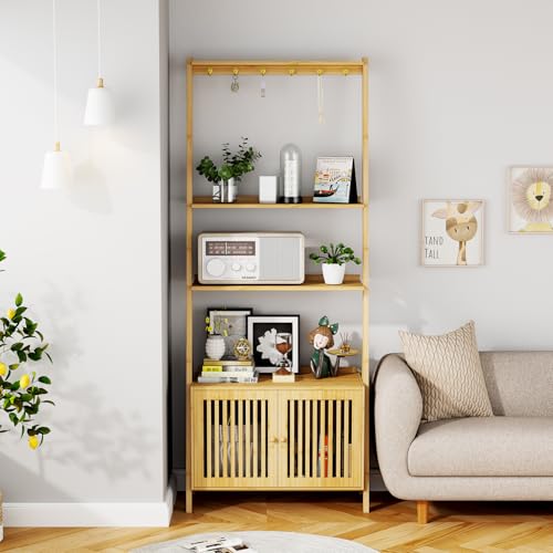 Bookcase with Drawers, 4-Tier Bamboo Bookshelf Ladder Shelf with 6 Hooks, Tall Narrow Book Shelf, 24.8"L x 10.6"W x 59.5"H, Standing Storage Organizer for Living Room, Home Office, Bedroom, Bathroom - color: 4-tier Natural