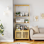 Bookcase with Drawers, 4-Tier Bamboo Bookshelf Ladder Shelf with 6 Hooks, Tall Narrow Book Shelf, 24.8"L x 10.6"W x 59.5"H, Standing Storage Organizer for Living Room, Home Office, Bedroom, Bathroom - color: 4-tier Natural