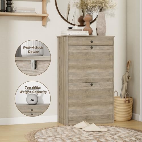 FTZxHKLX Shoe Cabinet with 2 Flip Drawers, Narrow Freestanding Shoe Storage Organizer, Slim Wooden Hidden Shoe Rack for Front Door Entrance, Closet, Hallway, Living Room, Rustic Gray - color: Rustic Gray, size: 1pcs