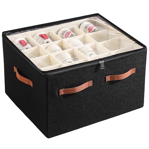 Shoe Organizer for Closet, Foldable Large Shoe Storage Box with Clear Cover, Removable Partitions and Bottom are Supported by Plastic Boards (Black, 20.5“Lx16.9 Wx13'H) - color: Black