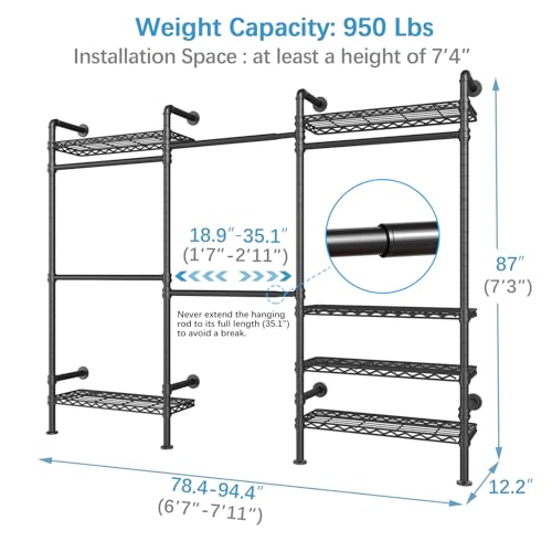 Timate F3 Garment Rack Heavy Duty Clothes Rack for Hanging Clothes, Expandable Industrial Pipe Wall Mounted Clothing Racks, Adjustable Storage Wardrobe Closet Kit Walk in Closet Systems, Black - color: Black, size: F3
