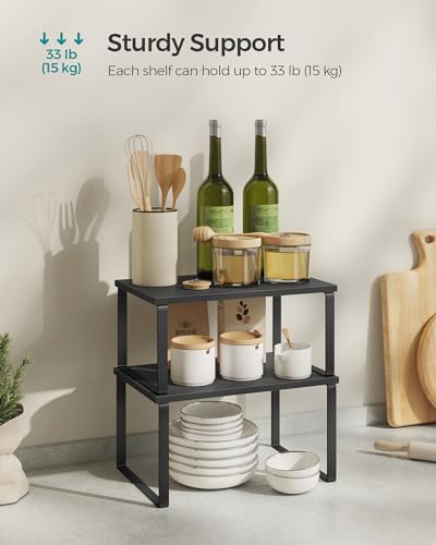 SONGMICS Cabinet Organizer Shelf, Set of 2 Kitchen Counter Shelves, Kitchen Storage, Spice Rack, Stackable, Expandable, Metal and Engineered Wood, Ink Black and Charcoal Black UKCS02B01 - color: Ink Black + Charcoal Black, size: 11.7"W