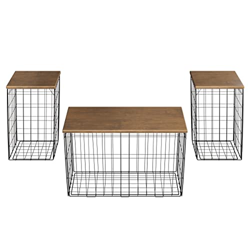Set of 3 Living Room Tables - Metal Basket Storage with Removable Lids - 2 Small Side and 1 Large Accent Table by Lavish Home (Brown/Black) - color: Brown Square 3