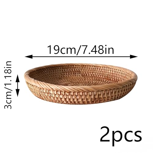 2pcs Small Round Rattan Woven Keys Basket,7.5" Rattan Wicker Round Bowls for Organizing Keys Cell Phone and Table Accessory,Tabletop Fruit Serving Baskets for Nuts Cracker Candy - size: 7.5"*2