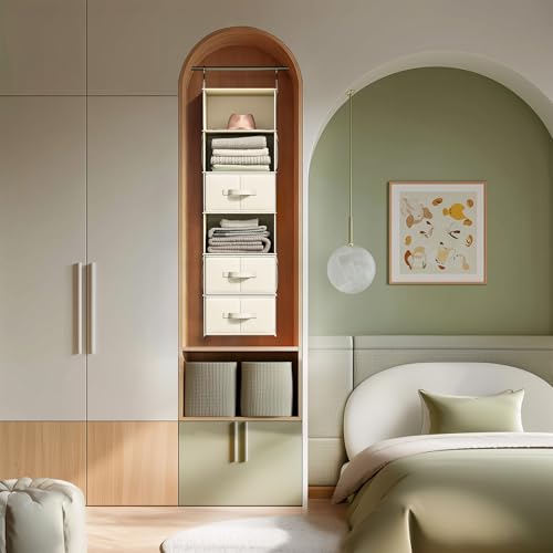 Vailando 6-Shelf Hanging Closet Organizer with 3 Drawers, 6-Shelf Inseparable Closet Organizers and Storage for Wardrobe Organization, Hanging Dresser for Nursury & Dorm Clothes Organizer, Beige - color: Beige, size: 6-Shelf Inseparable
