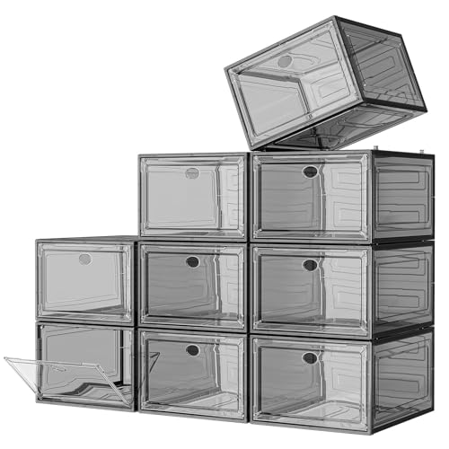 7 code Large Clear Shoe Boxes Organizer【Thicker Material】 Stronger Shoe Box with Magnetic Door, Stackable Shoe Storage Box for Closet, Foldable Space-Saving Storage Bins Shoe Cabinet, Black 9-Pack - color: Black, size: 9 pcs