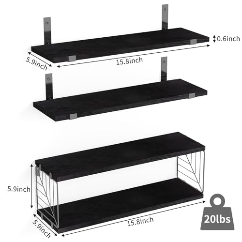 Fixwal 3+1 Tier Bathroom Floating Shelves Over Toilet, 15.8in Farmhouse Rustic Wood Shelves, Wall Decor for Bathroom, Living Room,Bedroom and Kitchen (Black) - color: Black
