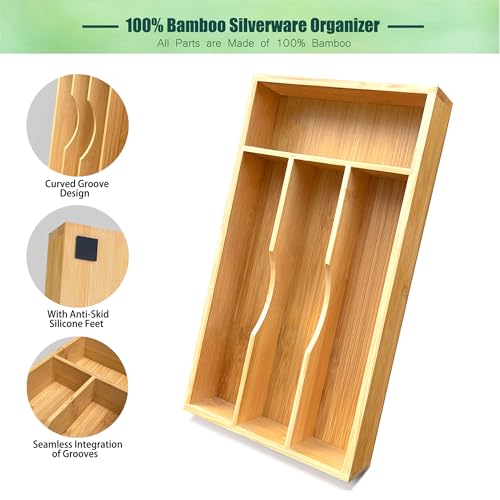 guiogc Bamboo Kitchen Drawer Silverware Organizer, 7 Inch Silverware Utensils Tray Holder for Small Drawer, Wood Caddy for Flatware Cutlery Knives 4-Slots - size: 7"Wx13"D (4-Slots)