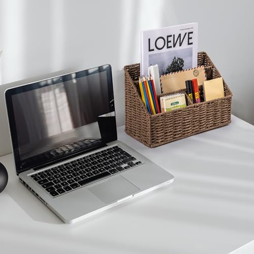DINGTAI Woven Mail Organizer, Mail Organizer Countertop, Natural Tabletop Mail Holder, Rattan Desk Organizer, Boho Office Desk Accessories, Mail Basket for Bill Mail Papers Letters(Brown) - color: Brown