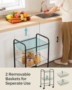 SONGMICS 3-Tier Metal Rolling Cart on Wheels with Baskets, Lockable Utility Trolley with Handles for Kitchen Bathroom Closet, Storage with Removable Shelves, Black UBSC03BK - color: Black