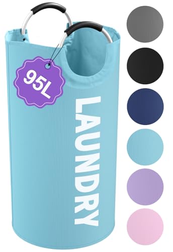 95L Foldable Blue Laundry Basket with Handles, Big Clothes Hamper for Bedroom, Dirty Clothes Basket Stand Upright, Portable Laundry Bag for Dorm, Nursery, Family, Blue - color: Blue, size: L-95L
