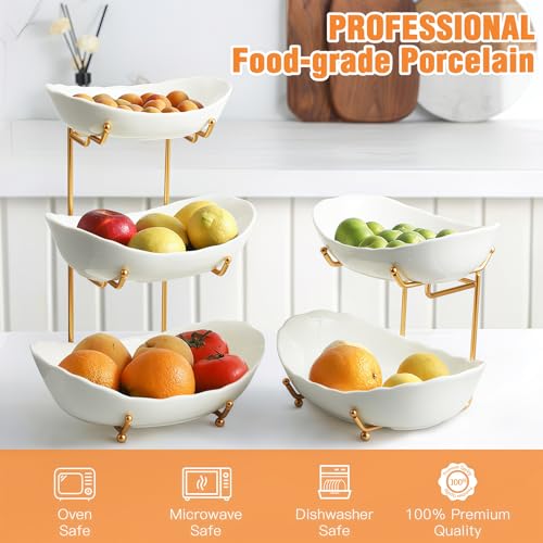 2 Tier Ceramic Fruit Bowl for Kitchen Counter, Tiered Fruit Basket for Countertop, Modern Multi Layer Fruit Display Stand for Party, Cute (Gold&White, Small) 1 - color: Gold&White, size: Small
