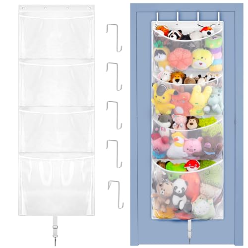 Woodoulogy Hanging Stuffed Animal Storage, Over Door Large Plush Toy Organizer with Metal Hook, Baby Accessory Holder Idea for Nursery, Doll & Bear Mesh Hammock Bag for Girl Boy Kid Room - color: White