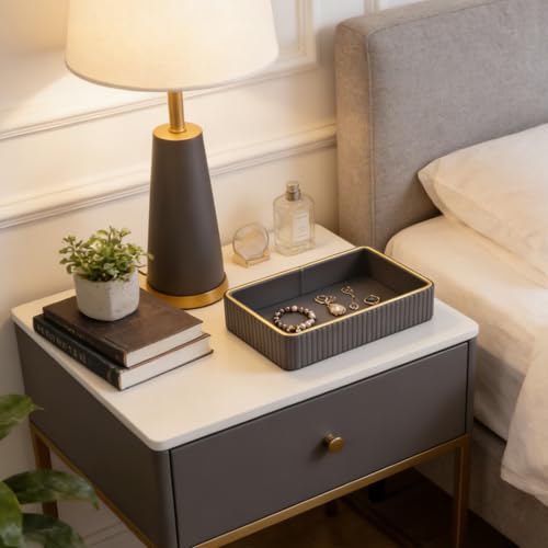 PU Leather Valet Tray,Desk Organizer Tray Nightstand Organizer Trinket Dish Storage Key Bowl Decorative Trays for Phone Wallet Jewelry Watch,Bathroom Bedroom Perfume Vanity Trays,Grey - color: Gray