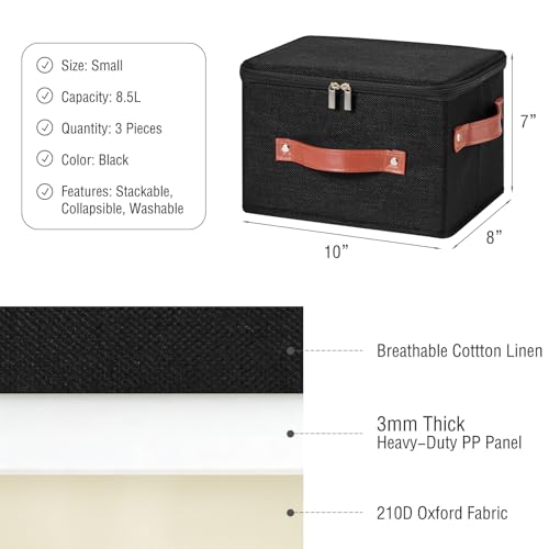 3PCS Storage Bins Boxes with Zippered Lids Cotton Linen Fabric Decorative Basket PU Leather Handles PP Plastic Board Foldable Lidded Clothing Shelf Closet Organizer Container (Black, Small) - color: Black, size: Small ( Pack of 3 )