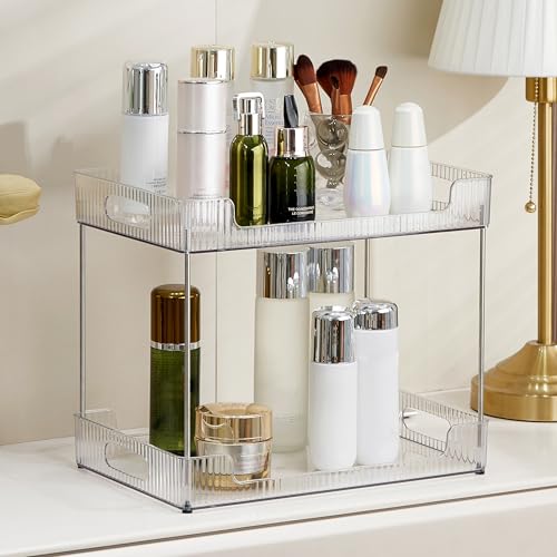 Goderewild 2-Tier Bathroom Counter Organizer, Multi-Purpose Cosmetics Skincare Shelf, Fits A4 Size Makeup Organizer for Office and Vanity Tray, Countertop Storage Solution for Kitchen,Bath.(Clear) - size: 2-Tier