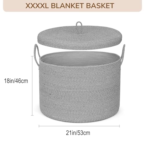 21" x 18" Extra Large storage baskets,Decorative blanket basket with lid for Living room,rope baskets with lid,wicker hamper for bedroom,Big,Round,Grey - color: Grey