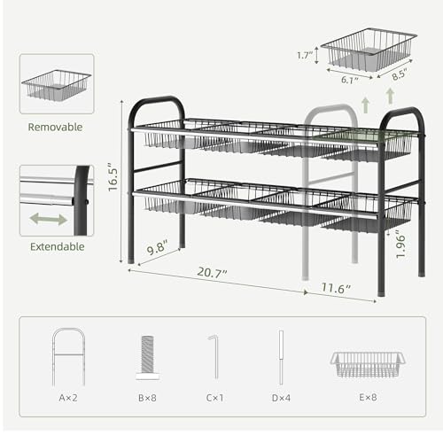 NETEL Under Sink Organizers and Storage, 2 Tier Expandable Under Cabinet Organizer Shelf with 8 Baskets, Expandable Shelf for Cupboard, Kitchen, Bathroom, Shoe Storage Rack - size: 8 Metal Baskets