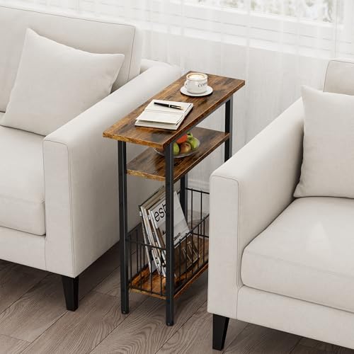 Vagusicc Narrow Side Table, 3-Tier Skinny End Table for Couch Sofa, Small Side Tables for Small Spaces, Bed Side Table with Storage, 25.2" Tall Slim Nightstand for Living Room, Bedroom, Rustic Brown - color: Rustic Brown, style: Ordinary
