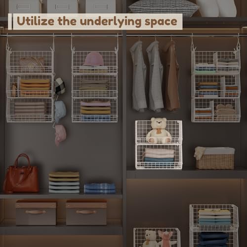 4 Tier Extra Large Hanging Closet Organizer ,Closet Organizer Hanging with 5 S Hooks 4 Dividers,Clothes Organizer Clothing Sweaters Clutches Handbags Hats Accessories-White - color: White, size: 4-Tier