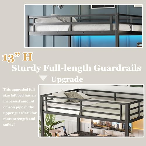Bellemave Full Size Metal Loft Bed with L Shaped Desk and Wardrobe, Heavy Duty Loft Bed Frame with Storage Stairs, LED Loft Bed Frame with Charging Station & Safety Guardrails, Black - color: Black, size: Full