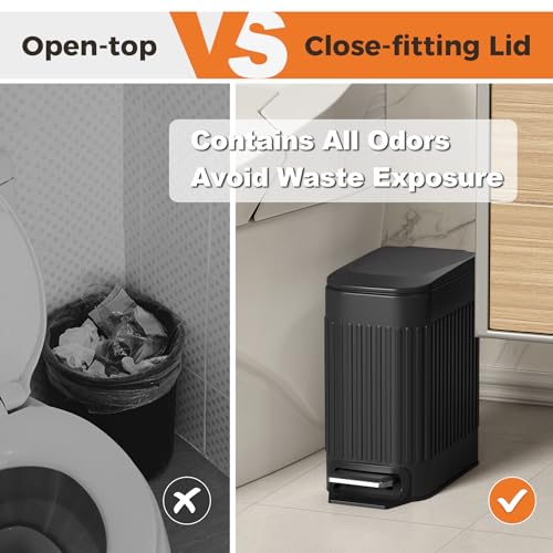 TrashAid Small Black Bathroom Trash Can with Lid Soft Close, 6 Liter / 1.6 Gallon, Stainless Steel Garbage Can with Removable Inner Bucket, Step Pedal, Slim Wastebasket for Toilet, Office, Bedroom - color: Black